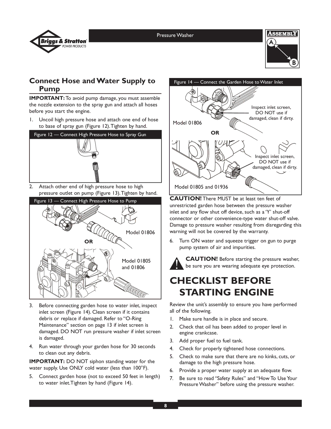 Briggs & Stratton 01936 owner manual Checklist Before Starting Engine, Connect Hose and Water Supply to Pump, Model 