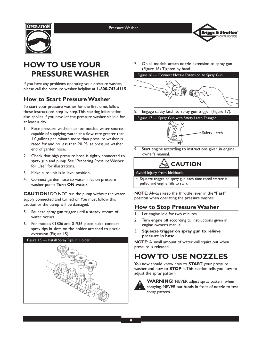 Briggs & Stratton 01936 HOW to USE Your, HOW to USE Nozzles, How to Start Pressure Washer, How to Stop Pressure Washer 