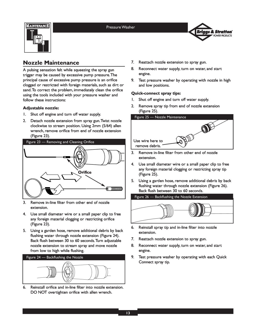 Briggs & Stratton 01936 owner manual Nozzle Maintenance, Adjustable nozzle, Orifice, Quick-connectspray tips 