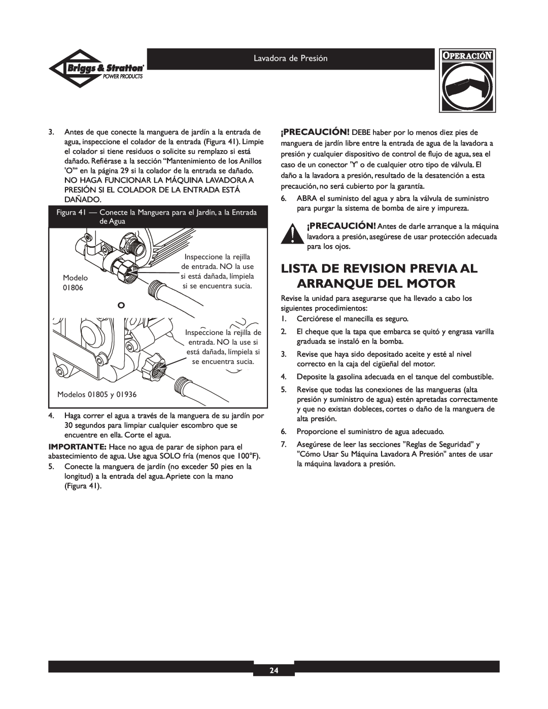Briggs & Stratton 01936 owner manual Lista De Revision Previa Al Arranque Del Motor 
