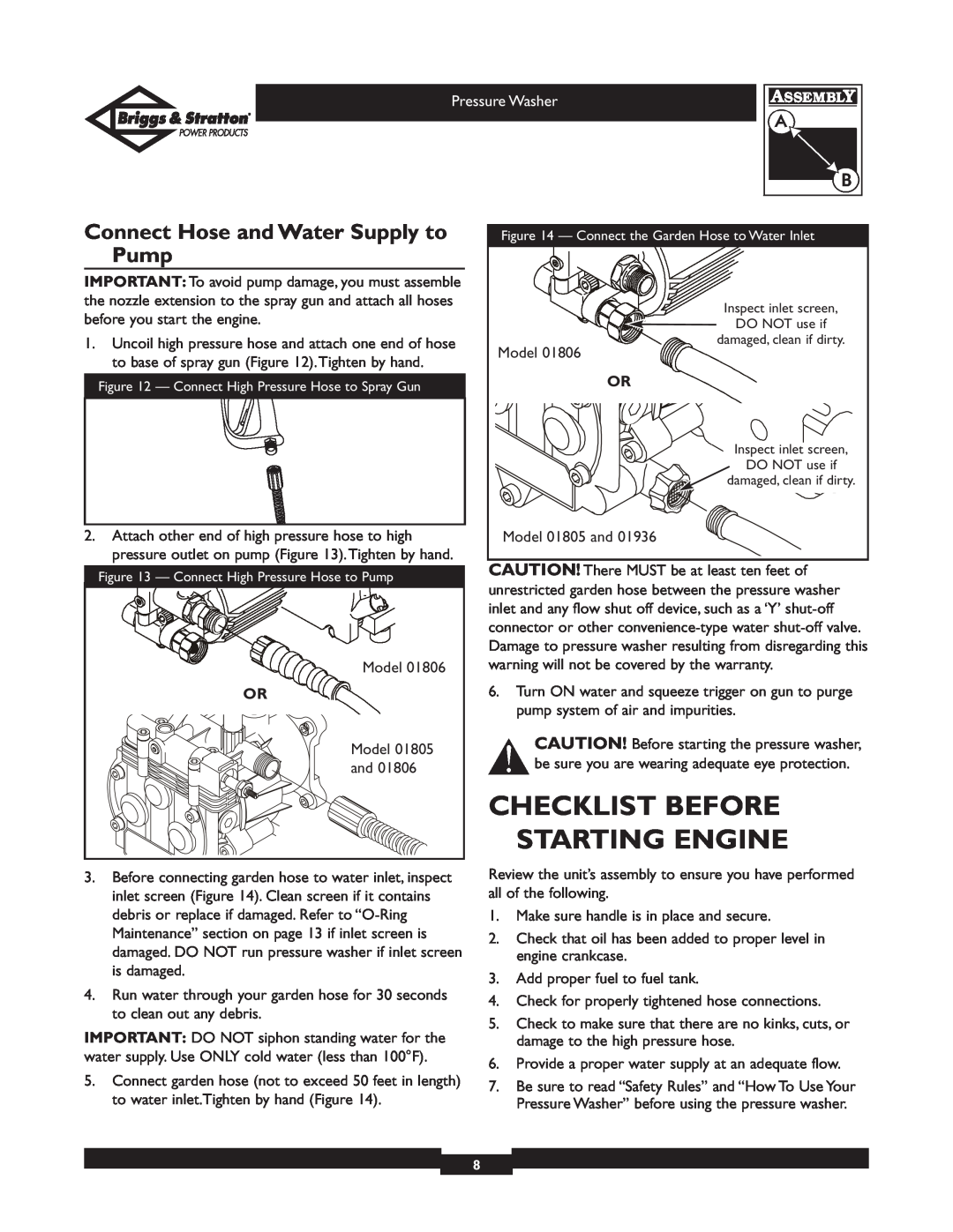Briggs & Stratton 01936 owner manual Checklist Before Starting Engine, Connect Hose and Water Supply to Pump 