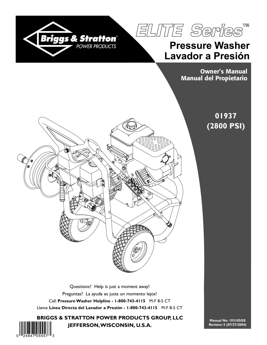 Briggs & Stratton owner manual 01937 2800 PSI 