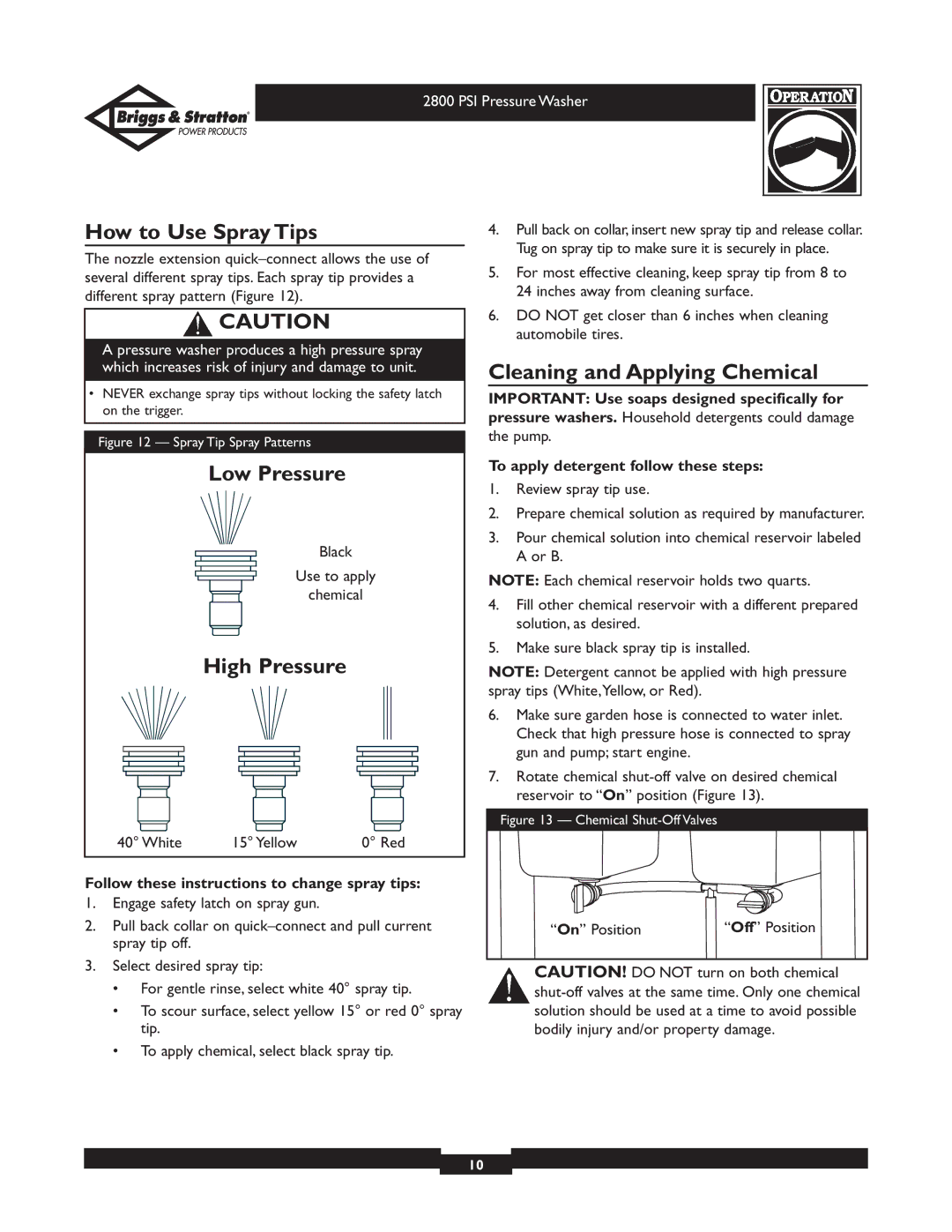 Briggs & Stratton 01937 owner manual How to Use Spray Tips, Low Pressure, High Pressure, Cleaning and Applying Chemical 