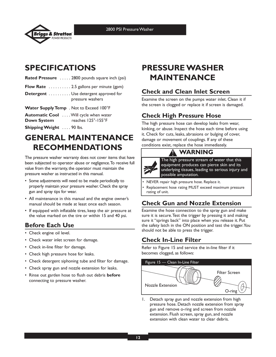 Briggs & Stratton 01937 owner manual Specifications, General Maintenance Recommendations, Pressure Washer Maintenance 