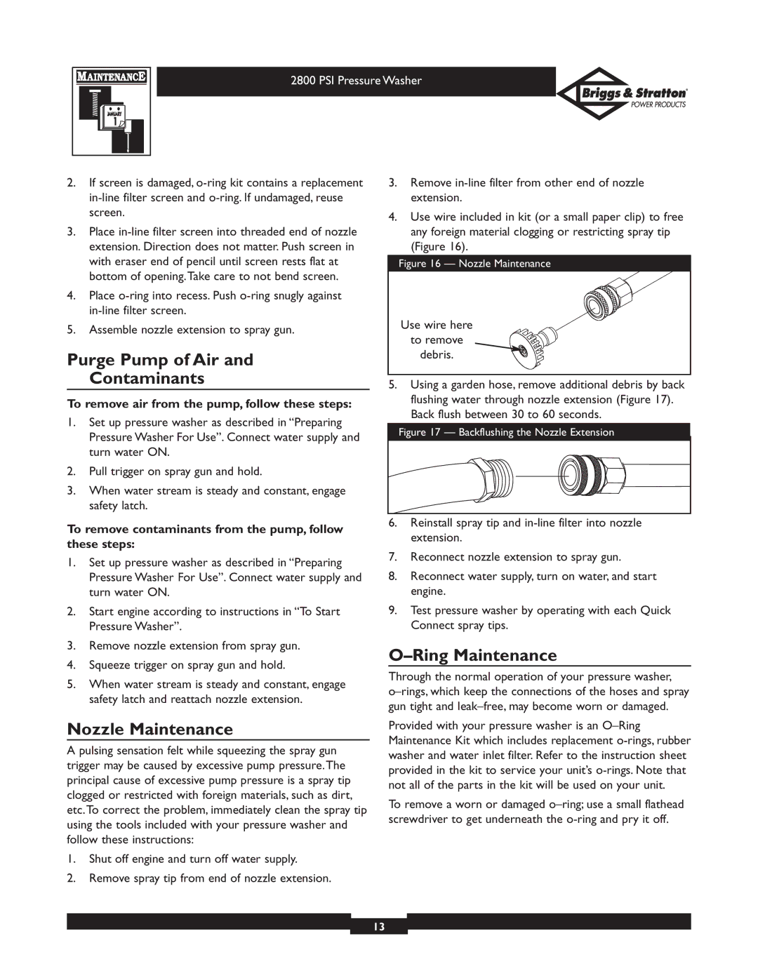 Briggs & Stratton 01937 owner manual Purge Pump of Air Contaminants, Nozzle Maintenance, Ring Maintenance 