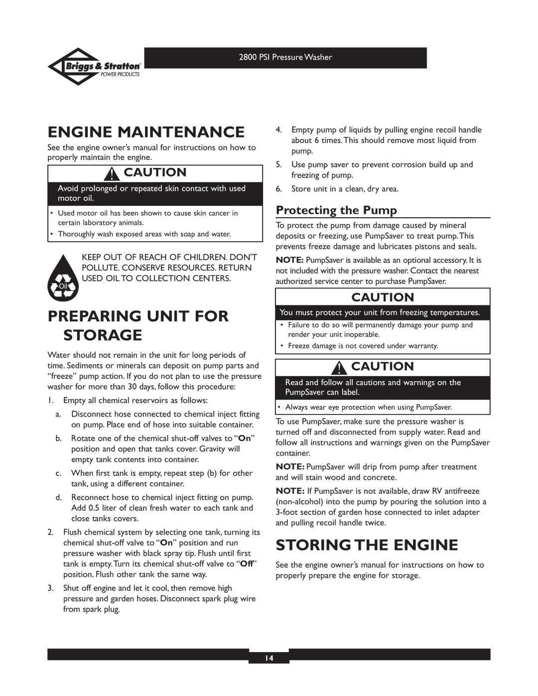 Briggs & Stratton 01937 Engine Maintenance, Preparing Unit for Storage, Storing the Engine, Protecting the Pump 