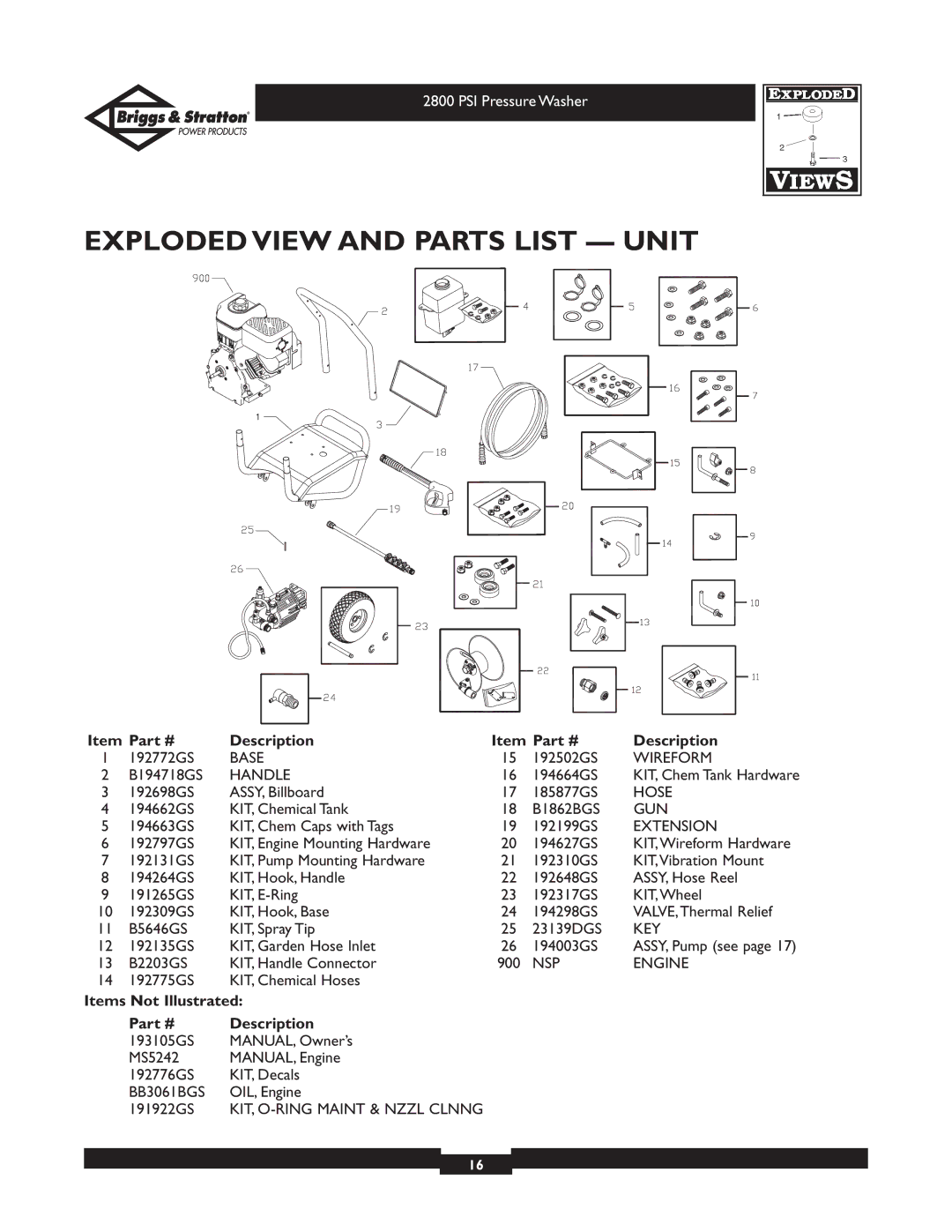 Briggs & Stratton 01937 owner manual Exploded View and Parts List Unit, Items Not Illustrated Description 