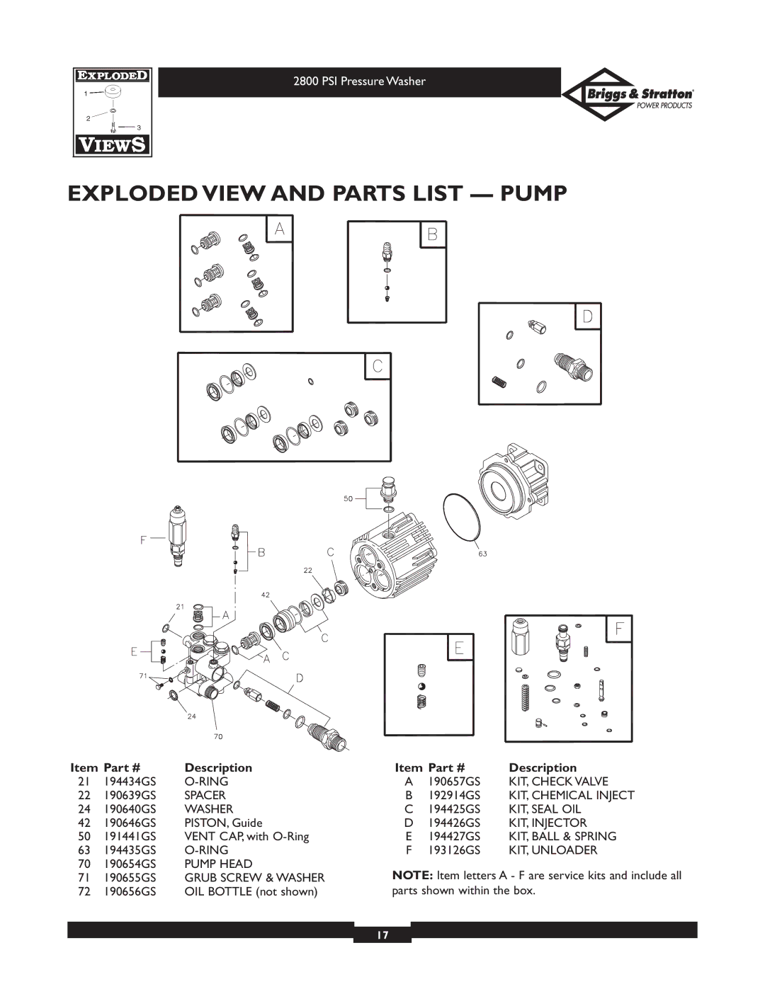 Briggs & Stratton 01937 owner manual Exploded View and Parts List Pump 