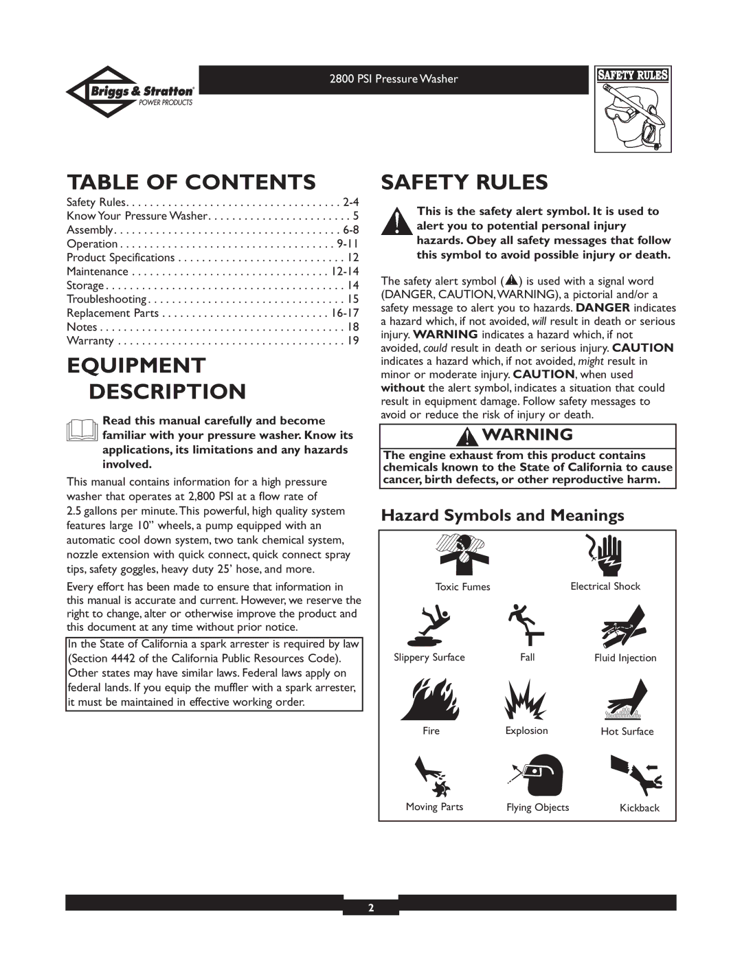 Briggs & Stratton 01937 owner manual Table of Contents, Equipment Description, Safety Rules 