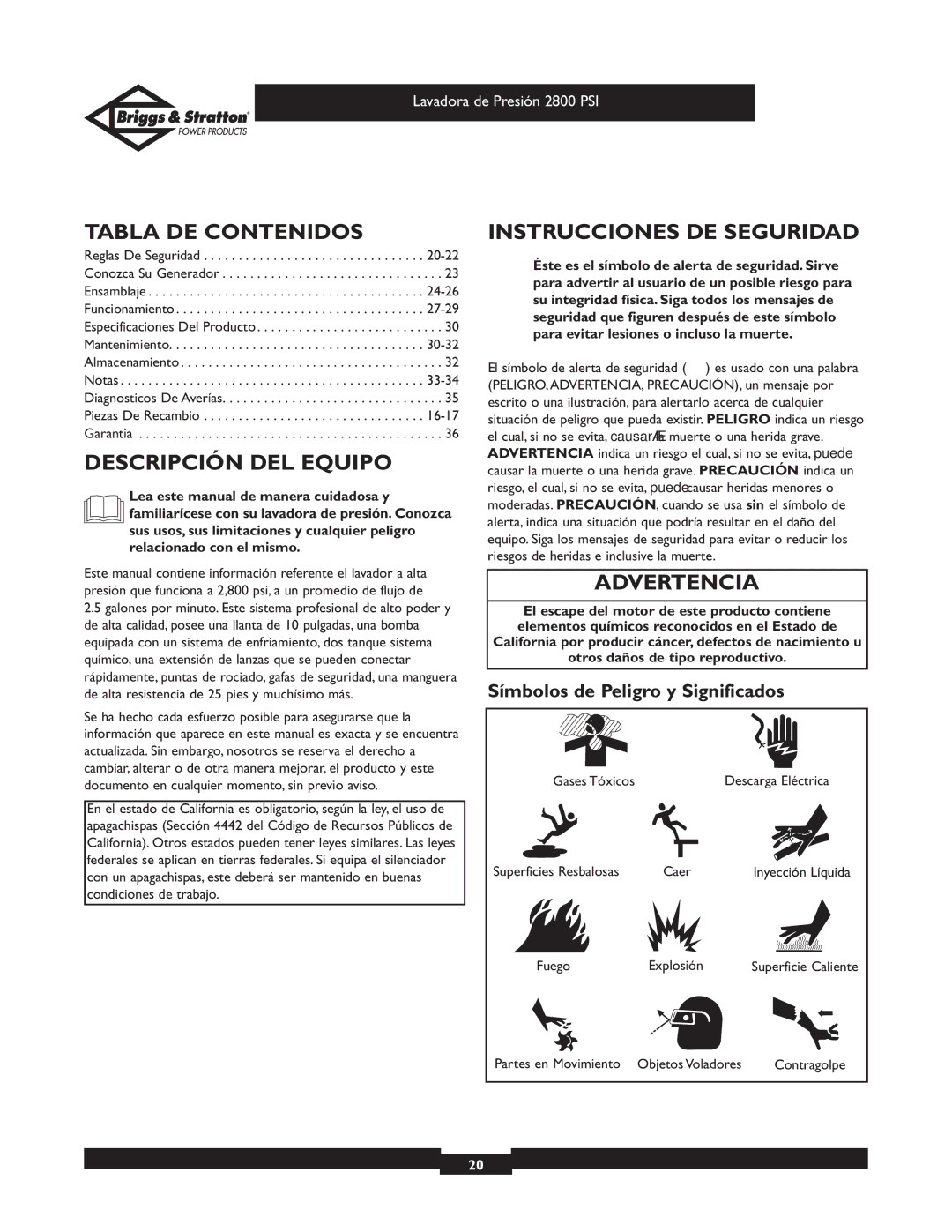 Briggs & Stratton 01937 owner manual Tabla DE Contenidos, Descripción DEL Equipo, Instrucciones DE Seguridad, Advertencia 