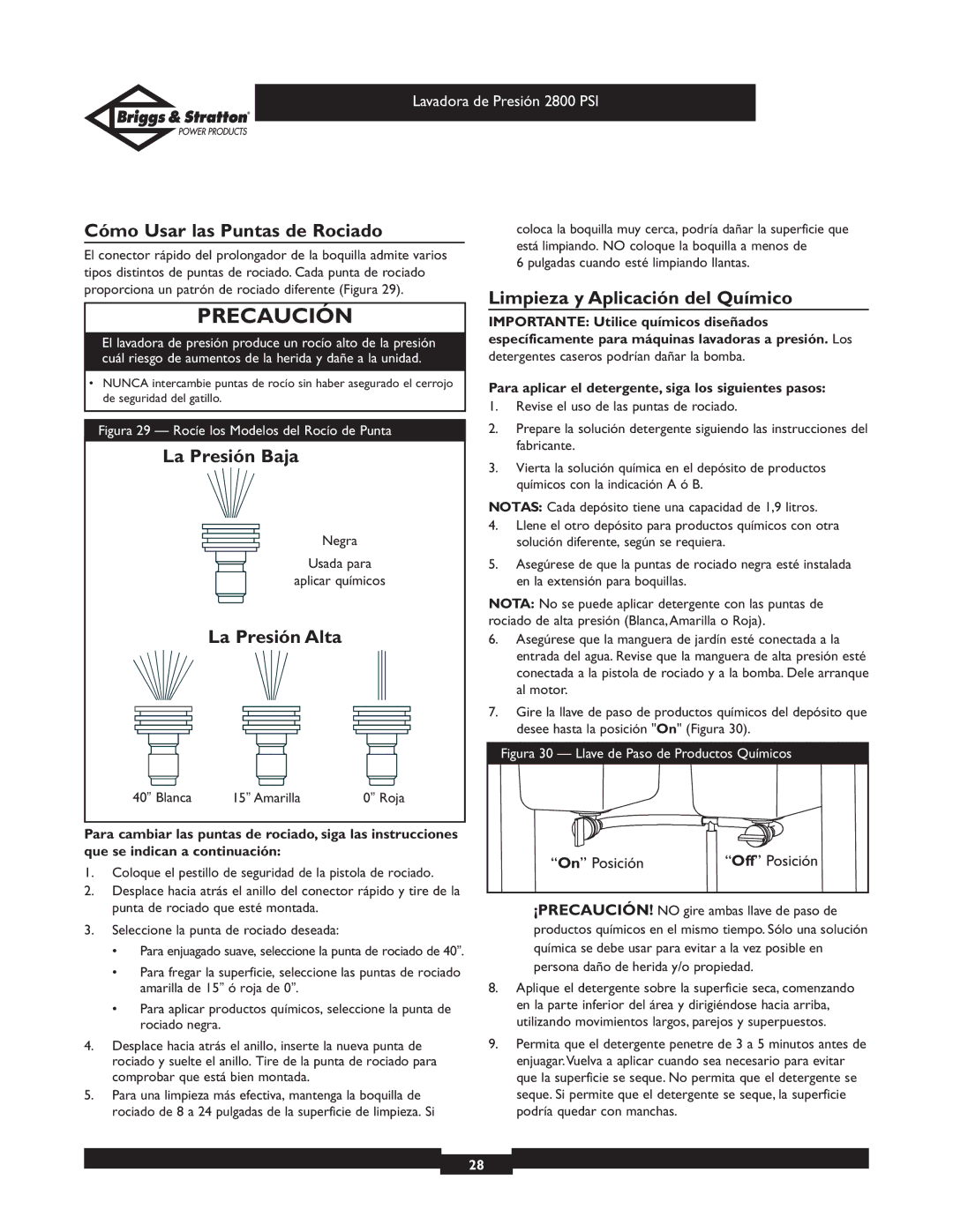 Briggs & Stratton 01937 owner manual Cómo Usar las Puntas de Rociado, La Presión Baja, La Presión Alta 