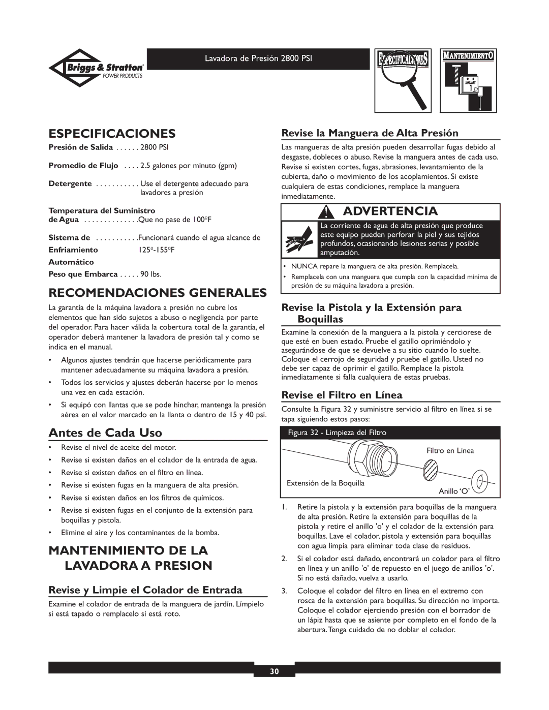 Briggs & Stratton 01937 owner manual Especificaciones, Recomendaciones Generales, Antes de Cada Uso 