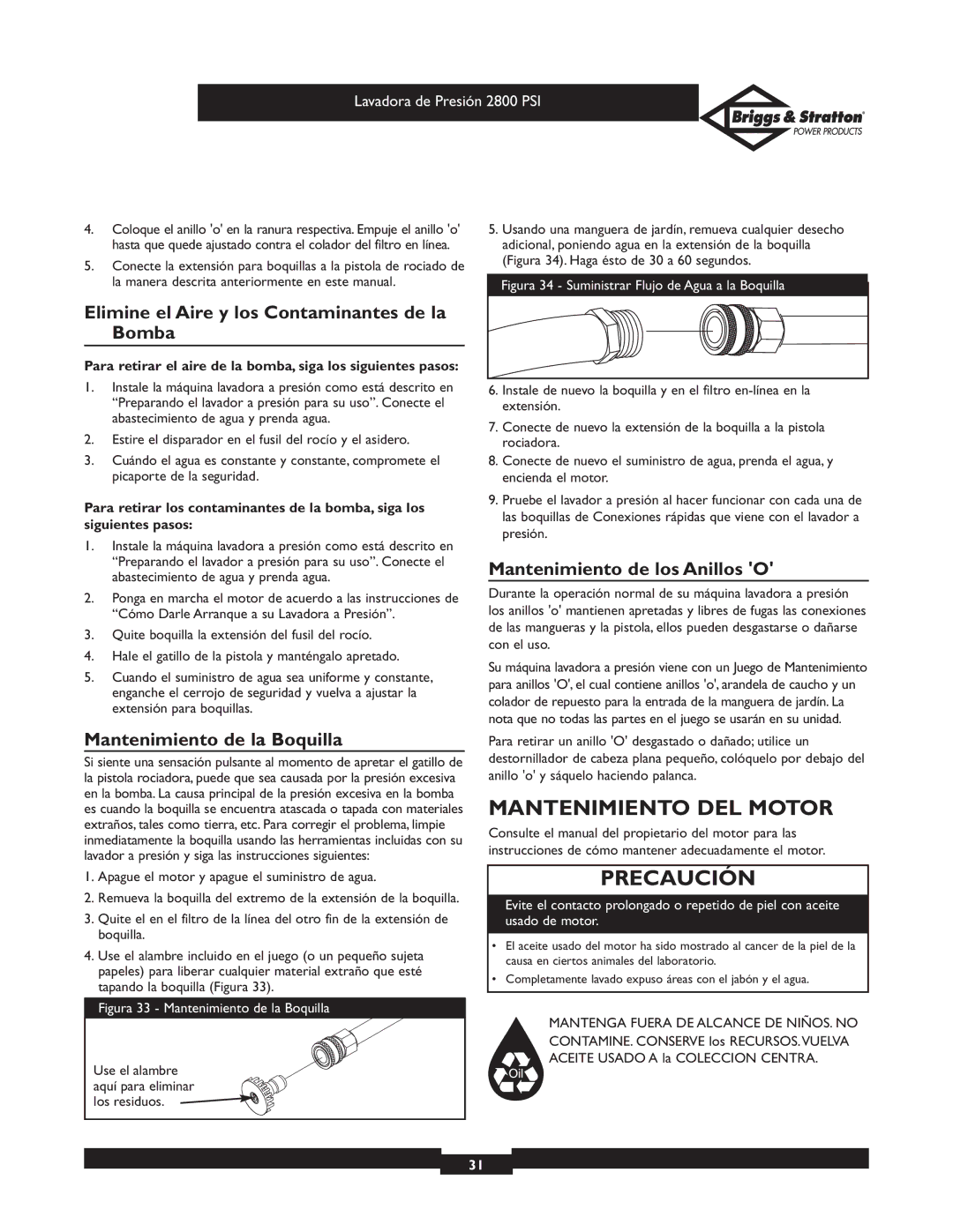 Briggs & Stratton 01937 owner manual Mantenimiento DEL Motor, Elimine el Aire y los Contaminantes de la Bomba 