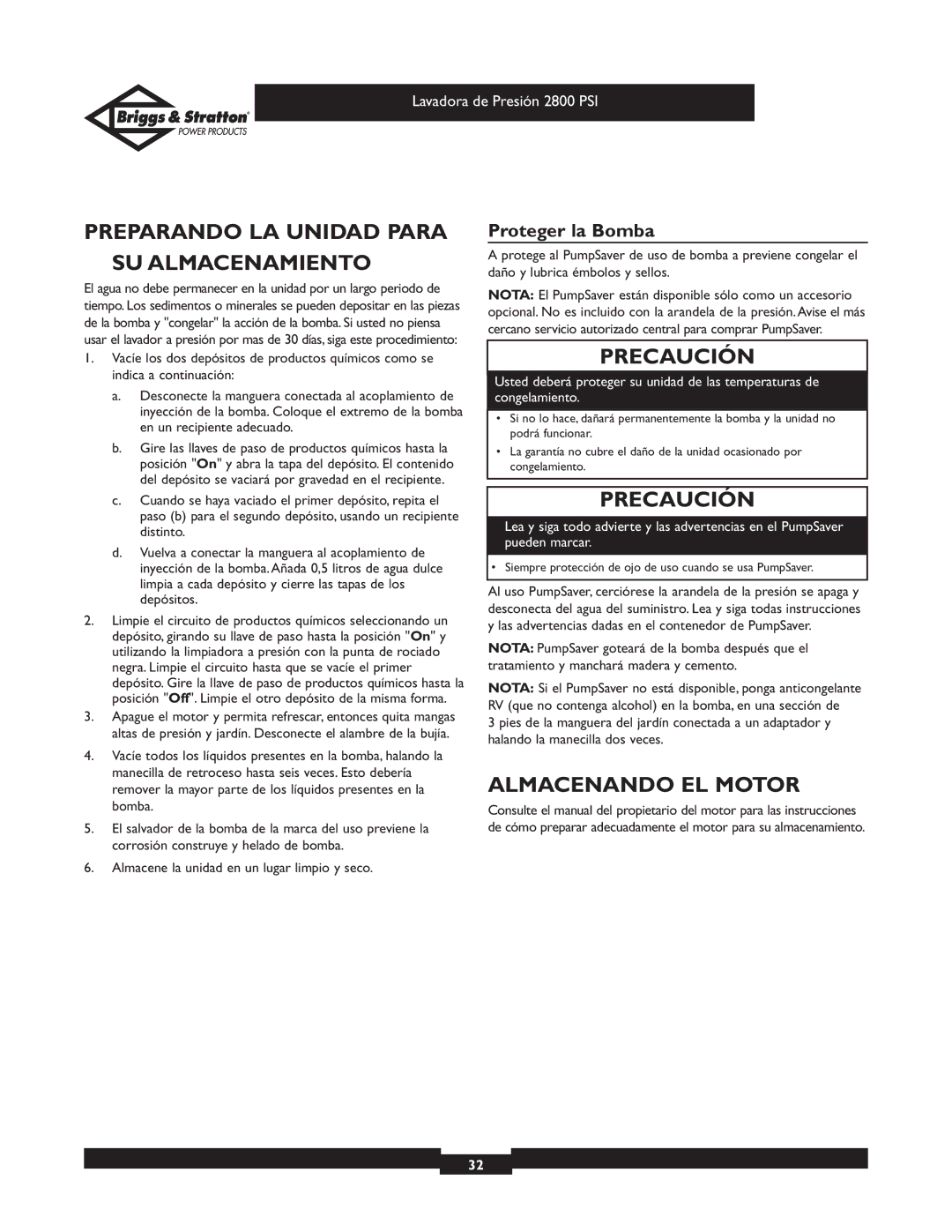 Briggs & Stratton 01937 owner manual Preparando LA Unidad Para SU Almacenamiento, Almacenando EL Motor, Proteger la Bomba 