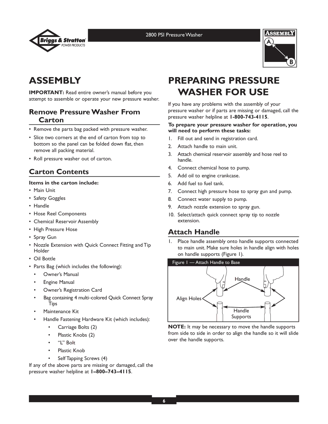 Briggs & Stratton 01937 Assembly, Preparing Pressure Washer for USE, Remove Pressure Washer From Carton, Carton Contents 