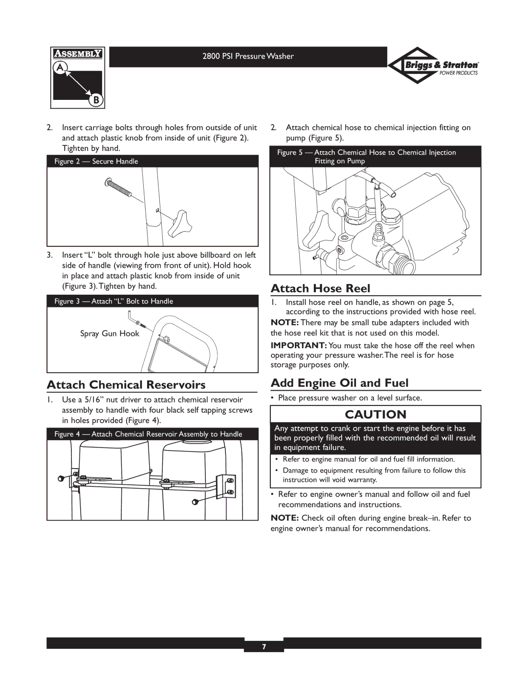 Briggs & Stratton 01937 owner manual Attach Hose Reel, Attach Chemical Reservoirs, Add Engine Oil and Fuel 