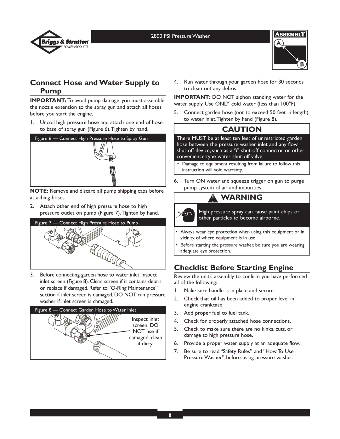 Briggs & Stratton 01937 Connect Hose and Water Supply to Pump, Checklist Before Starting Engine, Inspect inlet, Screen, do 