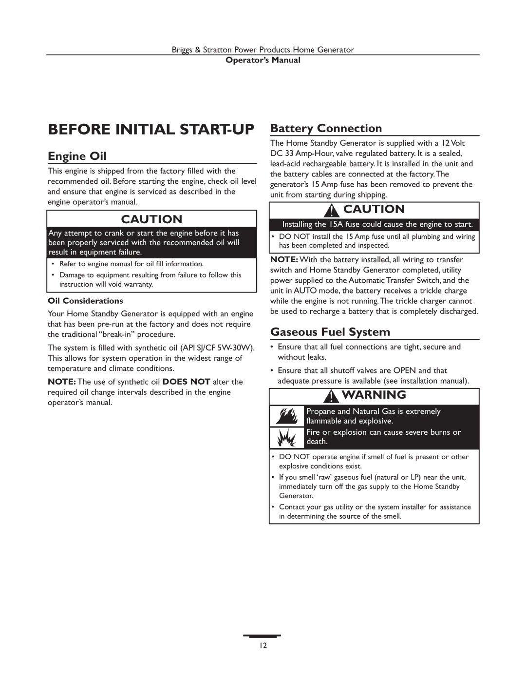 Briggs & Stratton 01938-0 & 01815-0 manual Before Initial START-UP, Engine Oil, Battery Connection, Gaseous Fuel System 