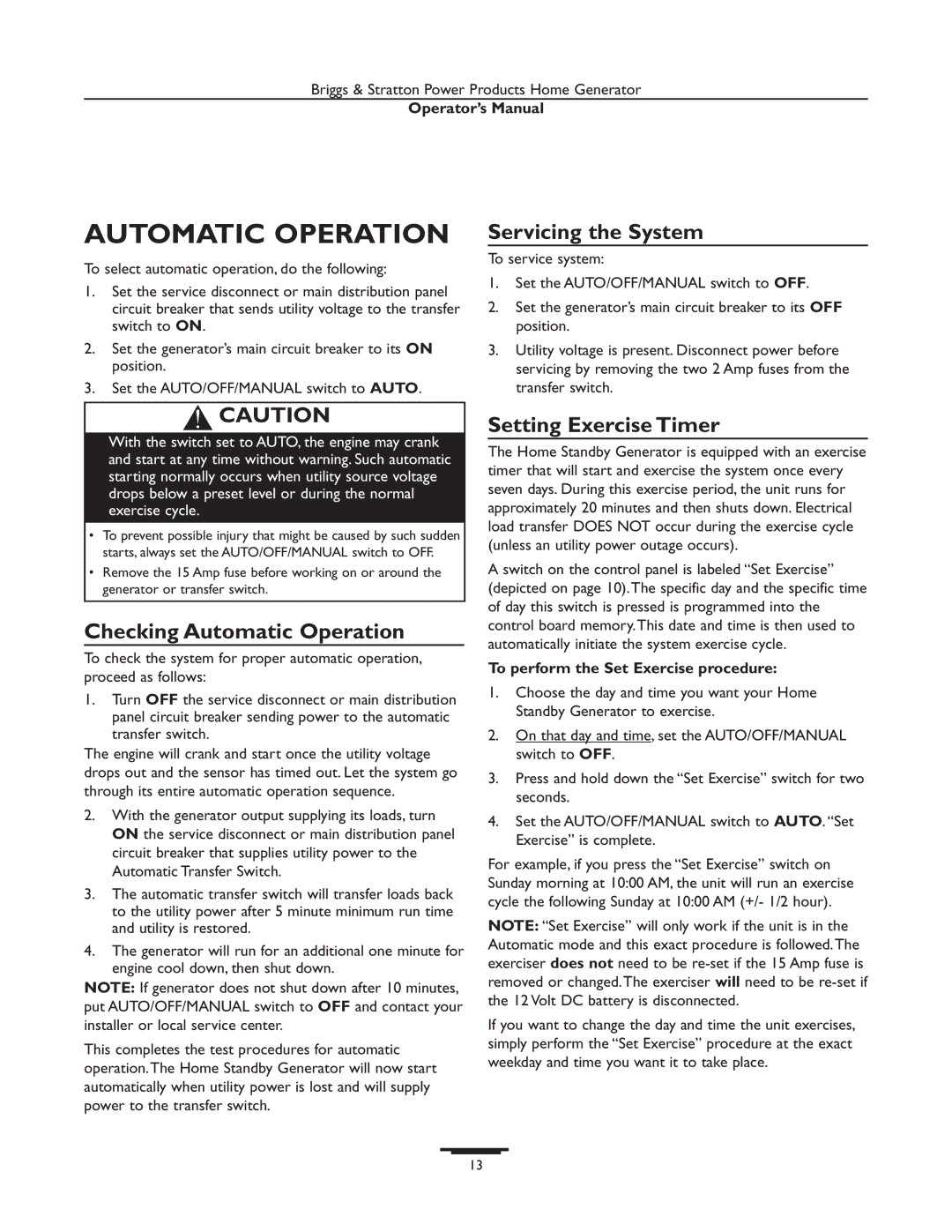 Briggs & Stratton 01938-0 & 01815-0 manual Servicing the System, Checking Automatic Operation, Setting Exercise Timer 