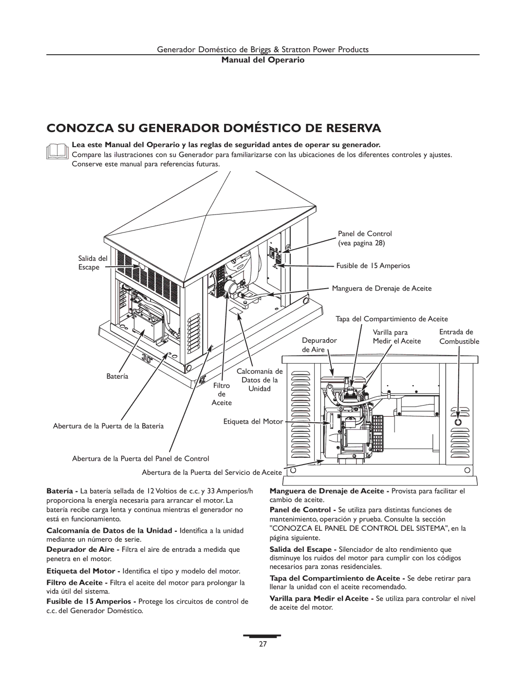 Briggs & Stratton 01938-0 & 01815-0 manual Conozca SU Generador Doméstico DE Reserva 