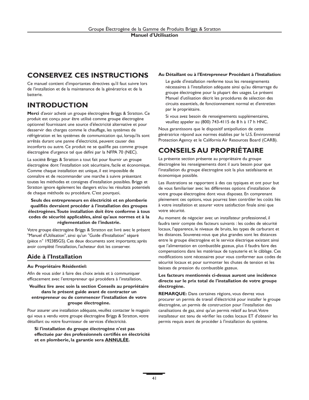 Briggs & Stratton 01938-0 & 01815-0 manual Conservez CES Instructions, Introduction, Conseils AU Propriétaire 