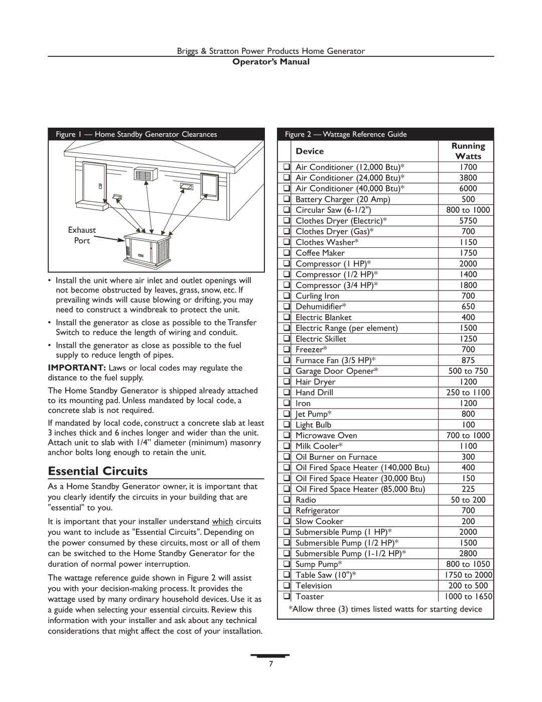 Briggs & Stratton 01938-0 & 01815-0 manual Essential Circuits, Device Running Watts 