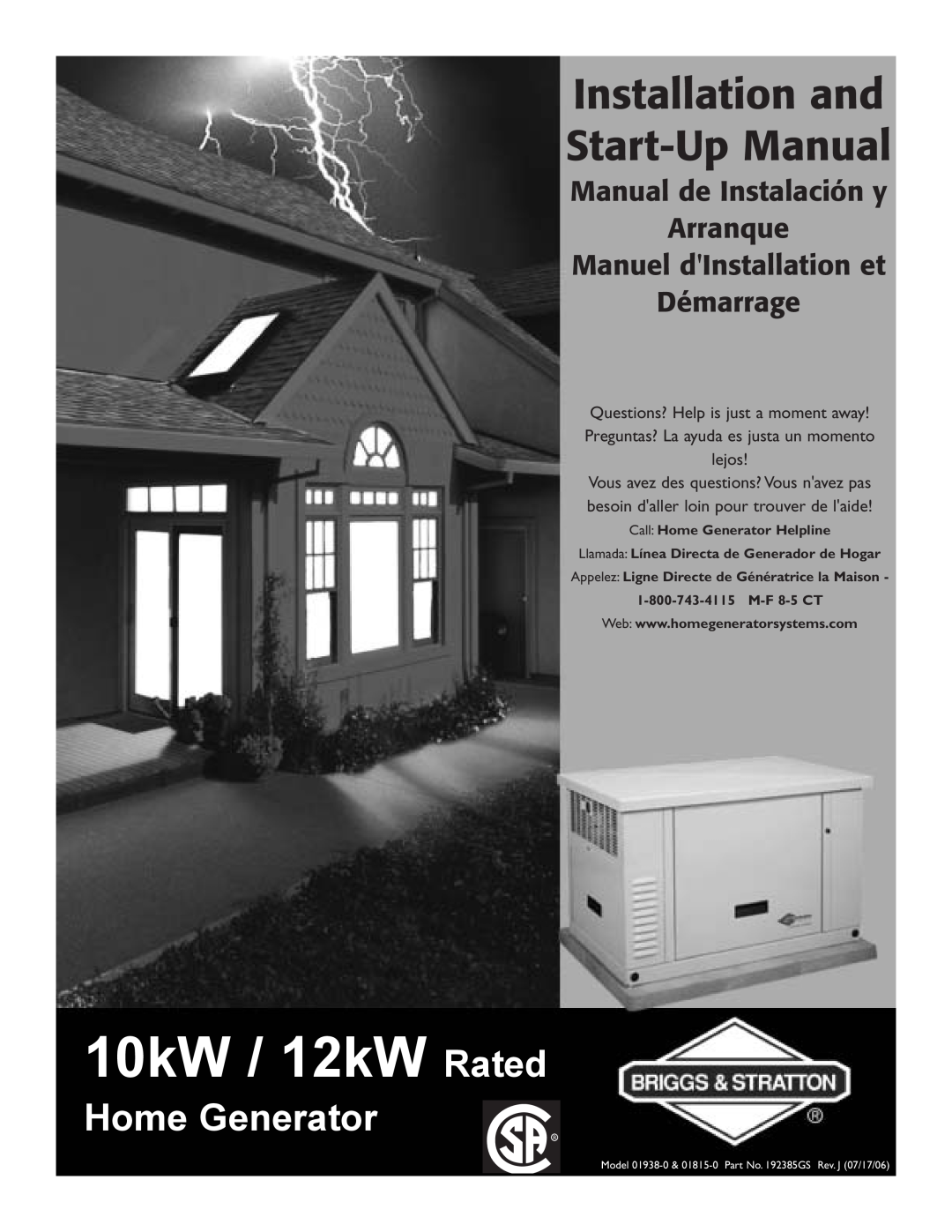 Briggs & Stratton 01815-0, 01938-0 manual 10kW / 12kW Rated, Installation and Start-Up Manual, Home Generator 