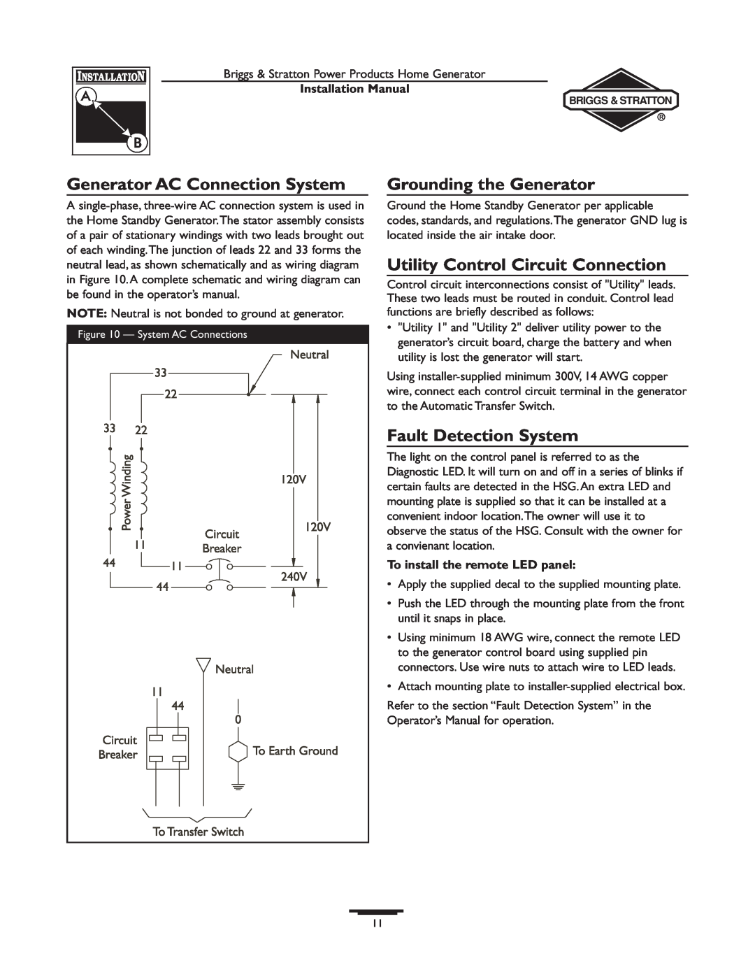 Briggs & Stratton 01815-0 Generator AC Connection System, Grounding the Generator, Utility Control Circuit Connection 