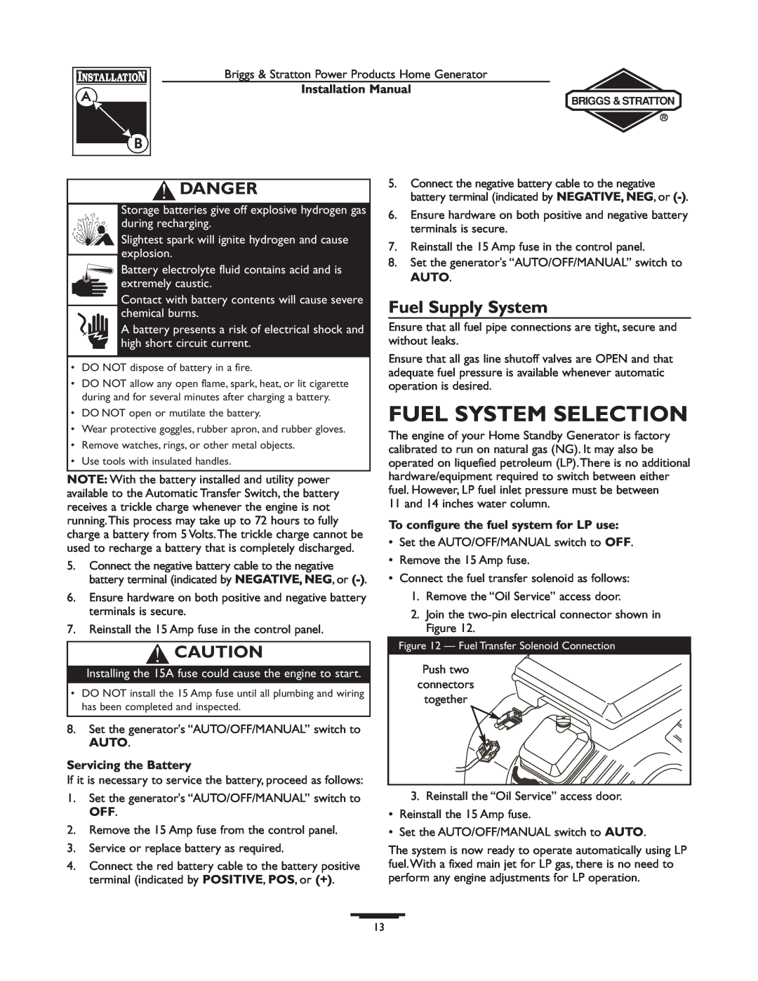 Briggs & Stratton 01815-0 Fuel System Selection, Danger, Fuel Supply System, Servicing the Battery, Installation Manual 
