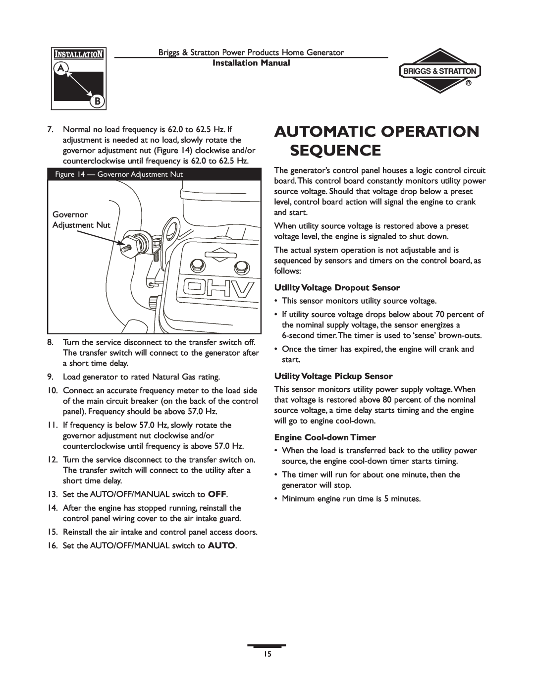 Briggs & Stratton 01815-0 Automatic Operation Sequence, Utility Voltage Dropout Sensor, Utility Voltage Pickup Sensor 