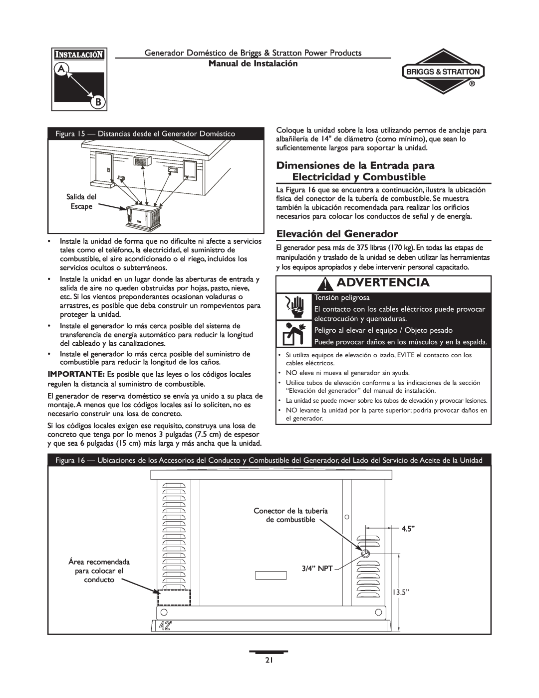 Briggs & Stratton 01815-0 Dimensiones de la Entrada para Electricidad y Combustible, Elevación del Generador, Advertencia 