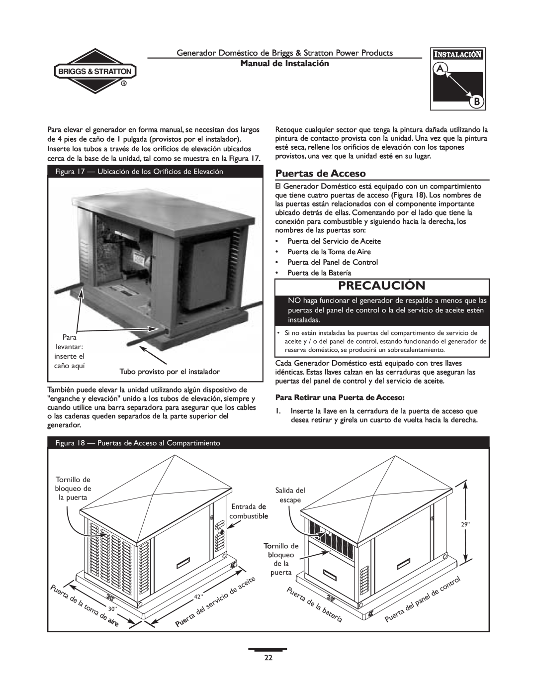 Briggs & Stratton 01938-0, 01815-0 manual Puertas de Acceso, batería, aire, Precaución, Manual de Instalación 