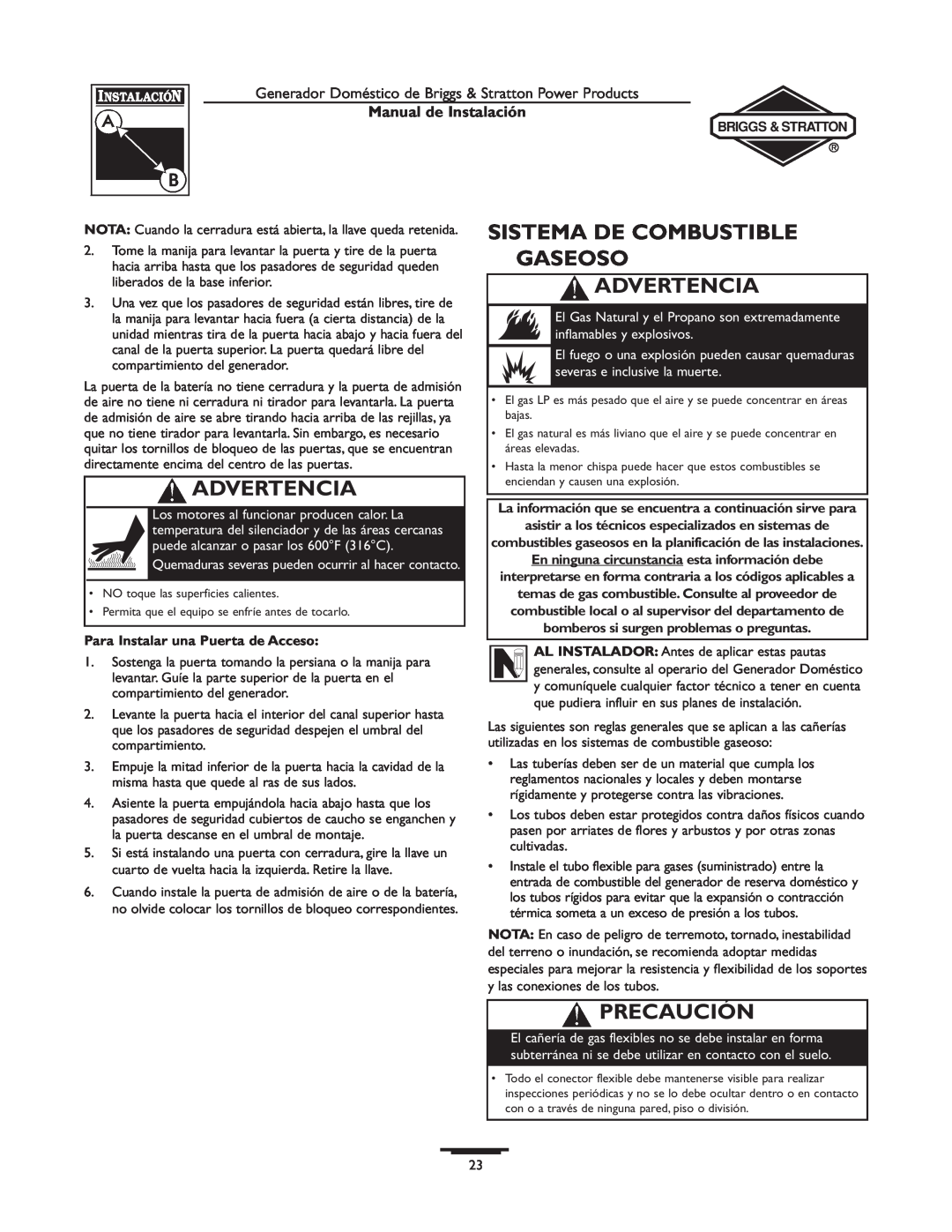 Briggs & Stratton 01815-0, 01938-0 manual Sistema De Combustible Gaseoso Advertencia, Precaución, Manual de Instalación 