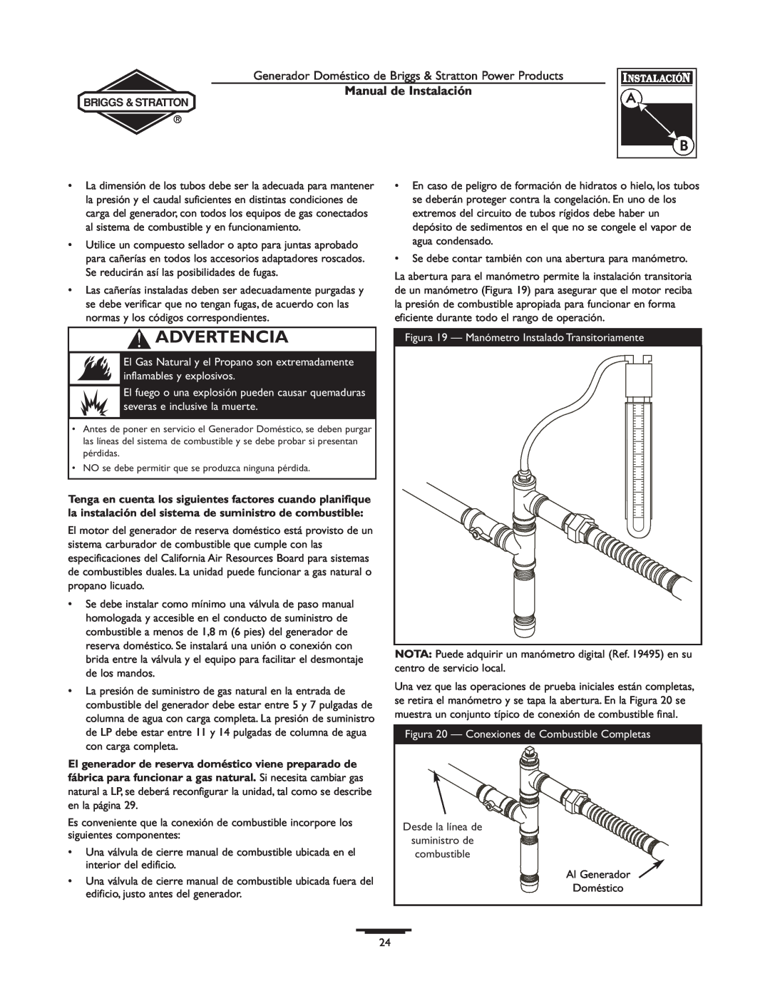 Briggs & Stratton 01938-0, 01815-0 Advertencia, Manual de Instalación, Figura 19 - Manómetro Instalado Transitoriamente 