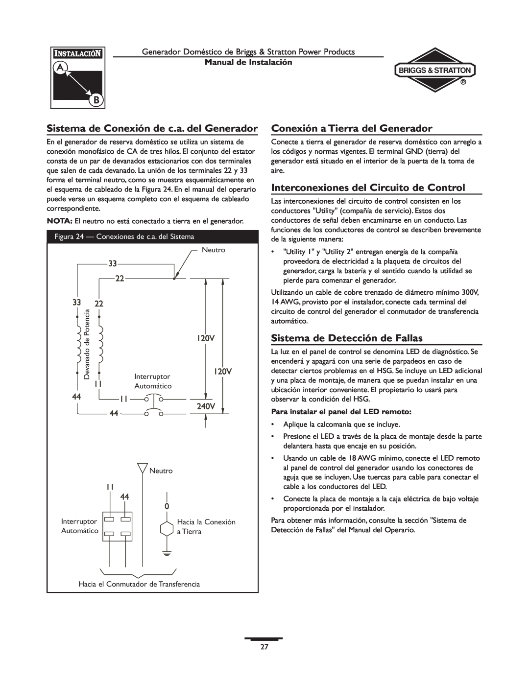 Briggs & Stratton 01815-0, 01938-0 manual Sistema de Conexión de c.a. del Generador, Conexión a Tierra del Generador 
