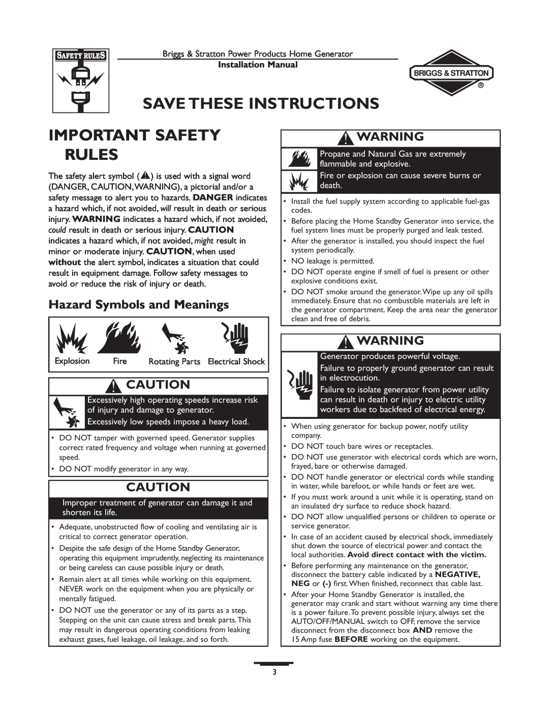 Briggs & Stratton 01815-0, 01938-0 manual Save These Instructions, Important Safety Rules, Hazard Symbols and Meanings 