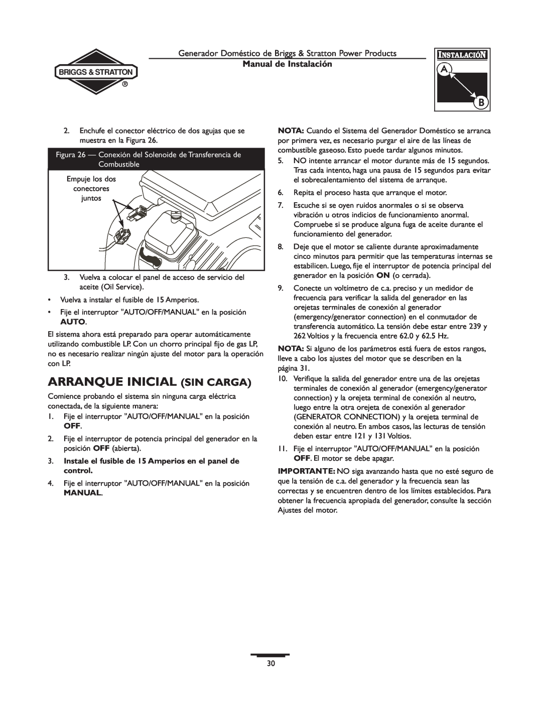 Briggs & Stratton 01938-0, 01815-0 manual Arranque Inicial Sin Carga, Manual de Instalación 