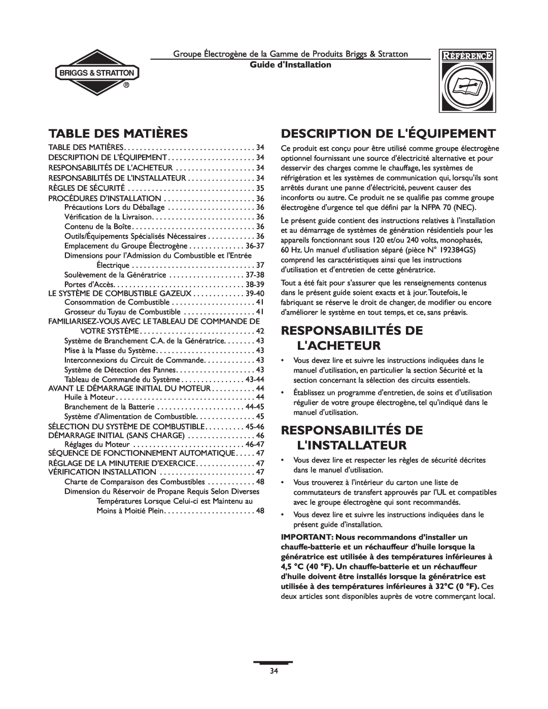 Briggs & Stratton 01938-0, 01815-0 manual Table Des Matières, Description De Léquipement, Responsabilités De Lacheteur 
