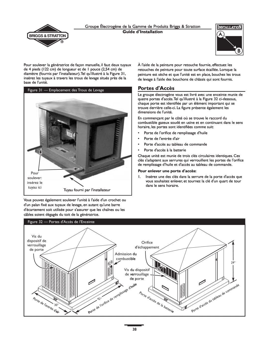 Briggs & Stratton 01938-0, 01815-0 manual Portes dAccès, batterie, Guide dInstallation, Emplacement des Trous de Levage 