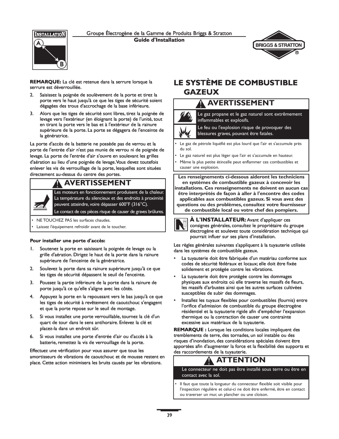 Briggs & Stratton 01815-0, 01938-0 manual Le Système De Combustible Gazeux Avertissement, Guide dInstallation 