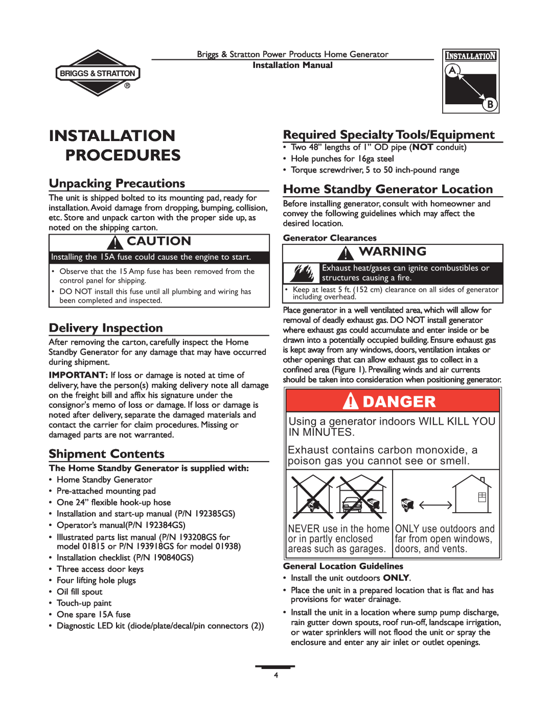 Briggs & Stratton 01938-0, 01815-0 manual Installation Procedures, Required Specialty Tools/Equipment, Unpacking Precautions 