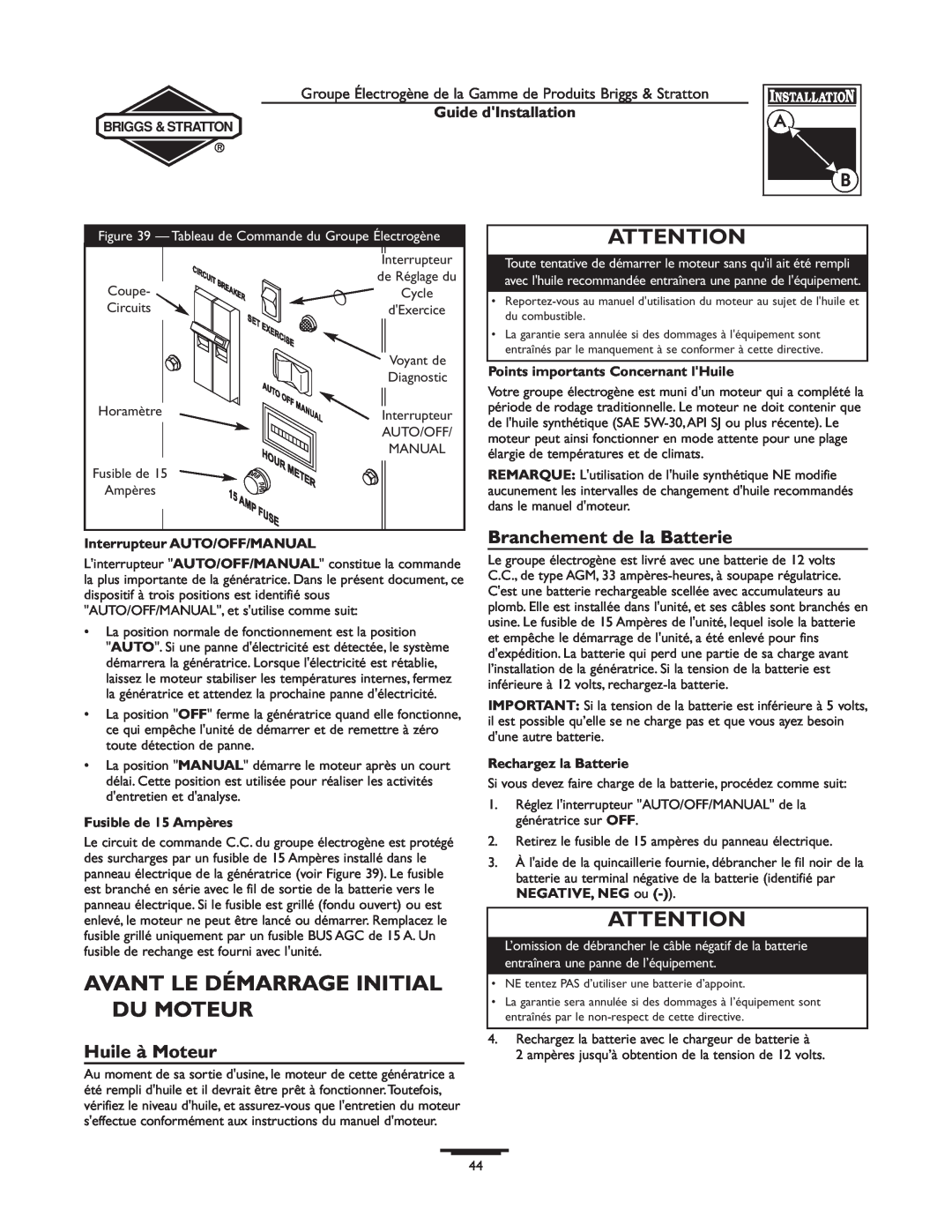 Briggs & Stratton 01938-0, 01815-0 manual Avant Le Démarrage Initial Du Moteur, Huile à Moteur, Branchement de la Batterie 