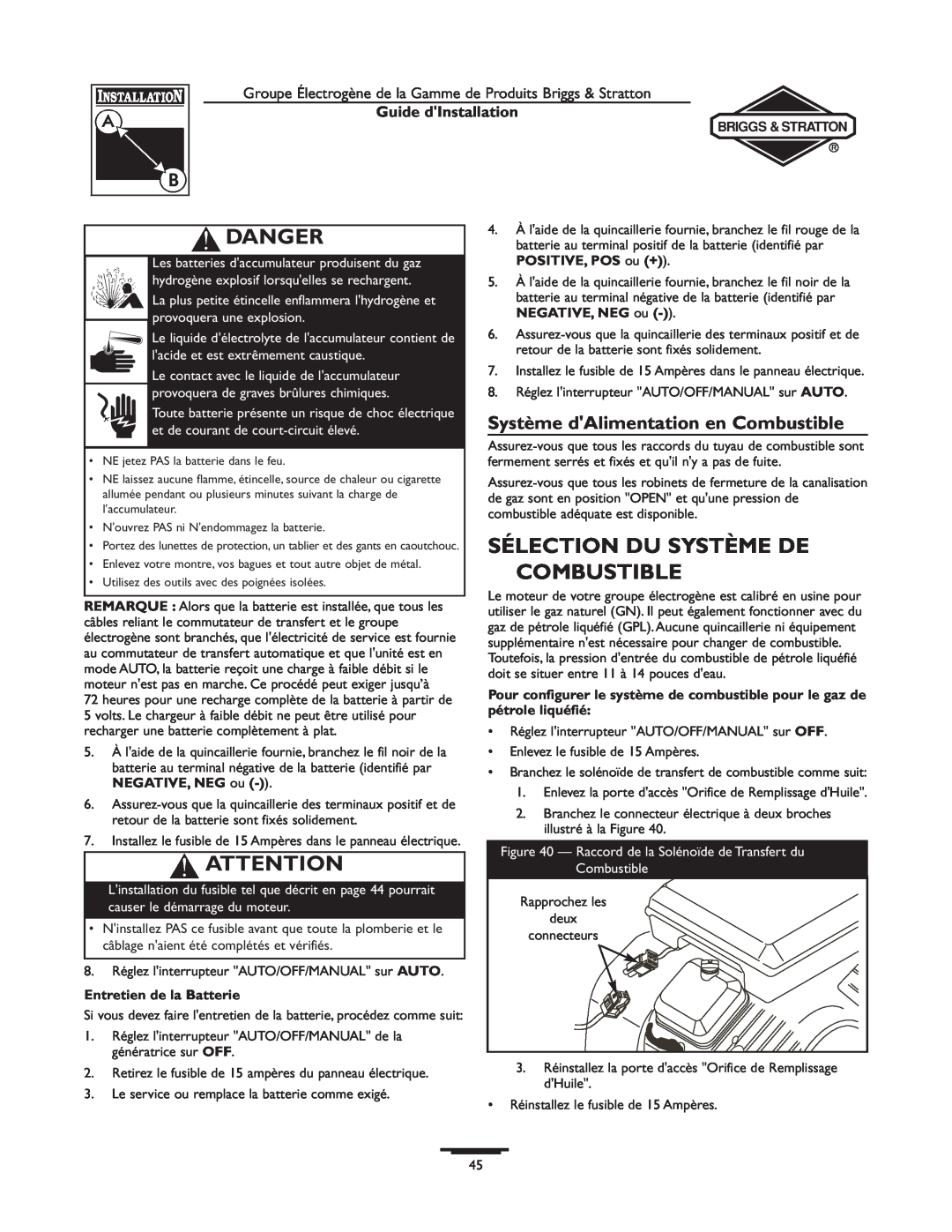 Briggs & Stratton 01815-0, 01938-0 manual Sélection Du Système De Combustible, Système dAlimentation en Combustible, Danger 