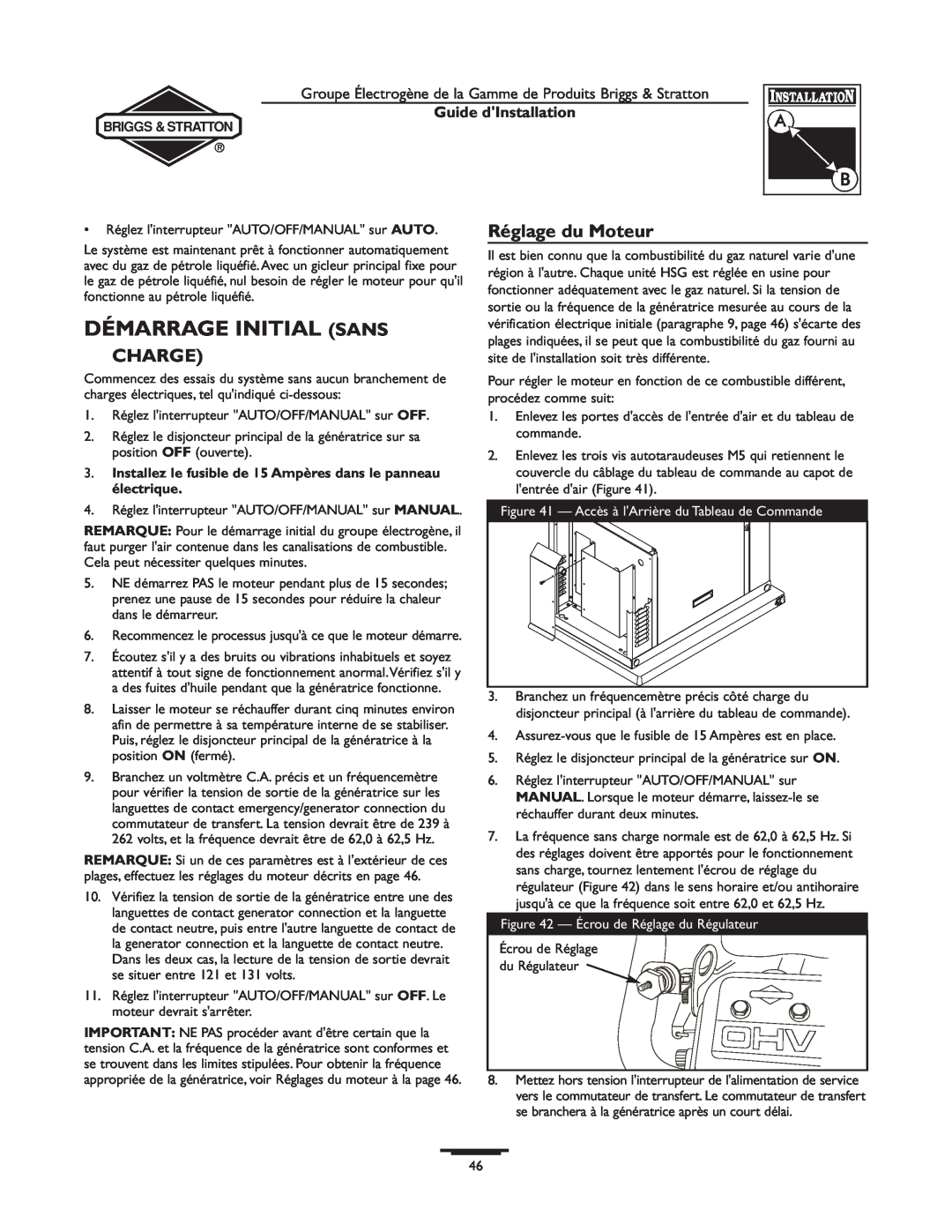 Briggs & Stratton 01938-0, 01815-0 manual Démarrage Initial Sans, Charge, Réglage du Moteur, Guide dInstallation 