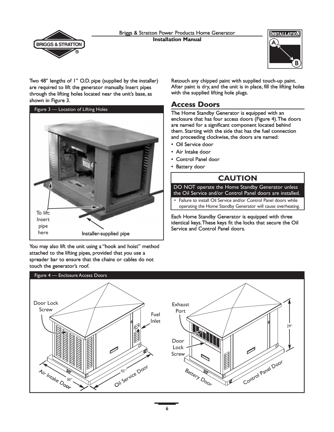 Briggs & Stratton 01938-0, 01815-0 manual Access Doors, Installation Manual 