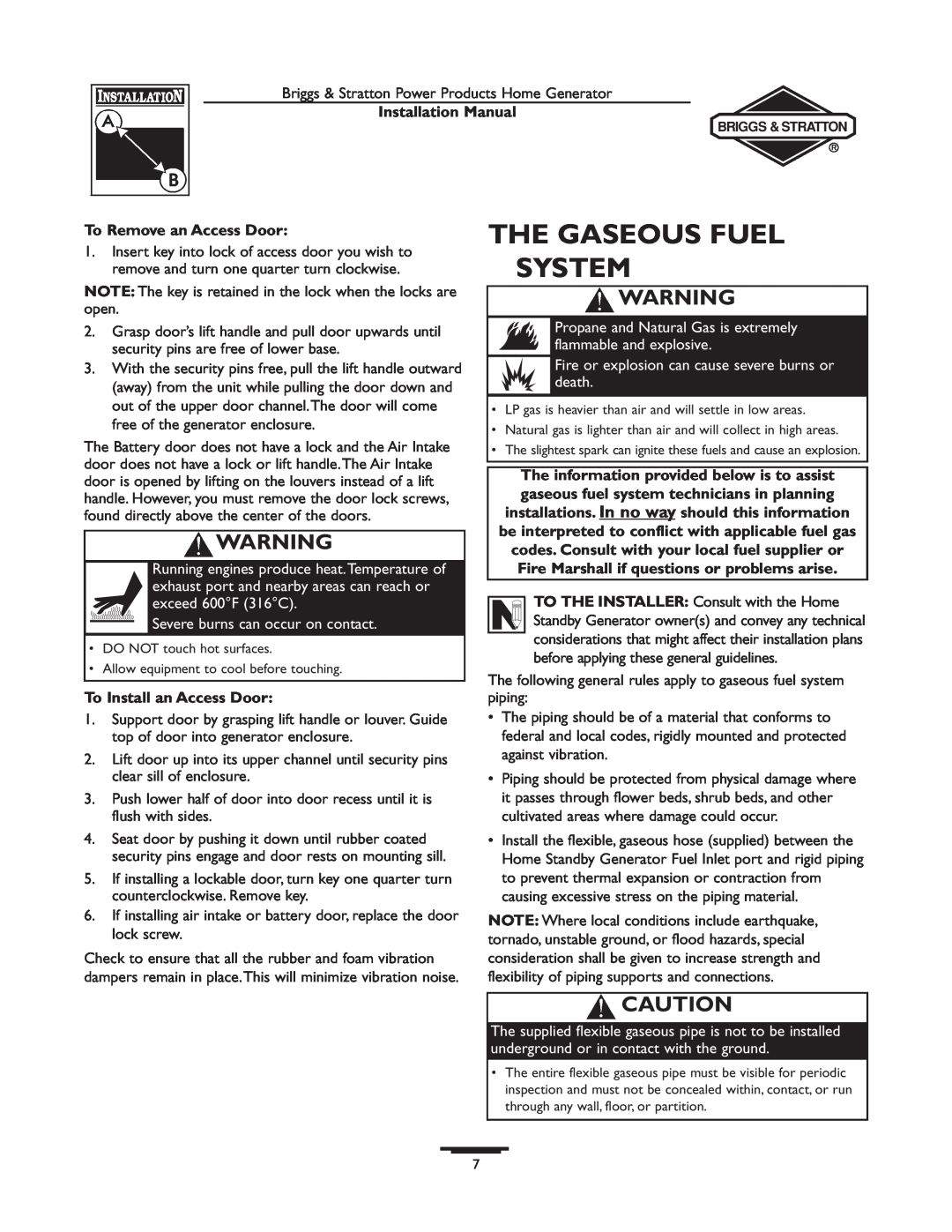 Briggs & Stratton 01815-0, 01938-0 The Gaseous Fuel System, To Remove an Access Door, Severe burns can occur on contact 