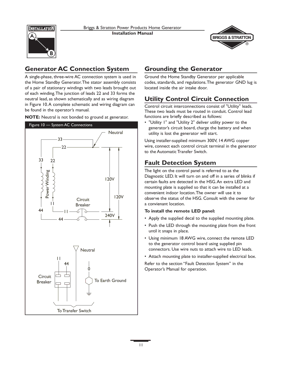 Briggs & Stratton 01815-0 Generator AC Connection System, Grounding the Generator, Utility Control Circuit Connection 