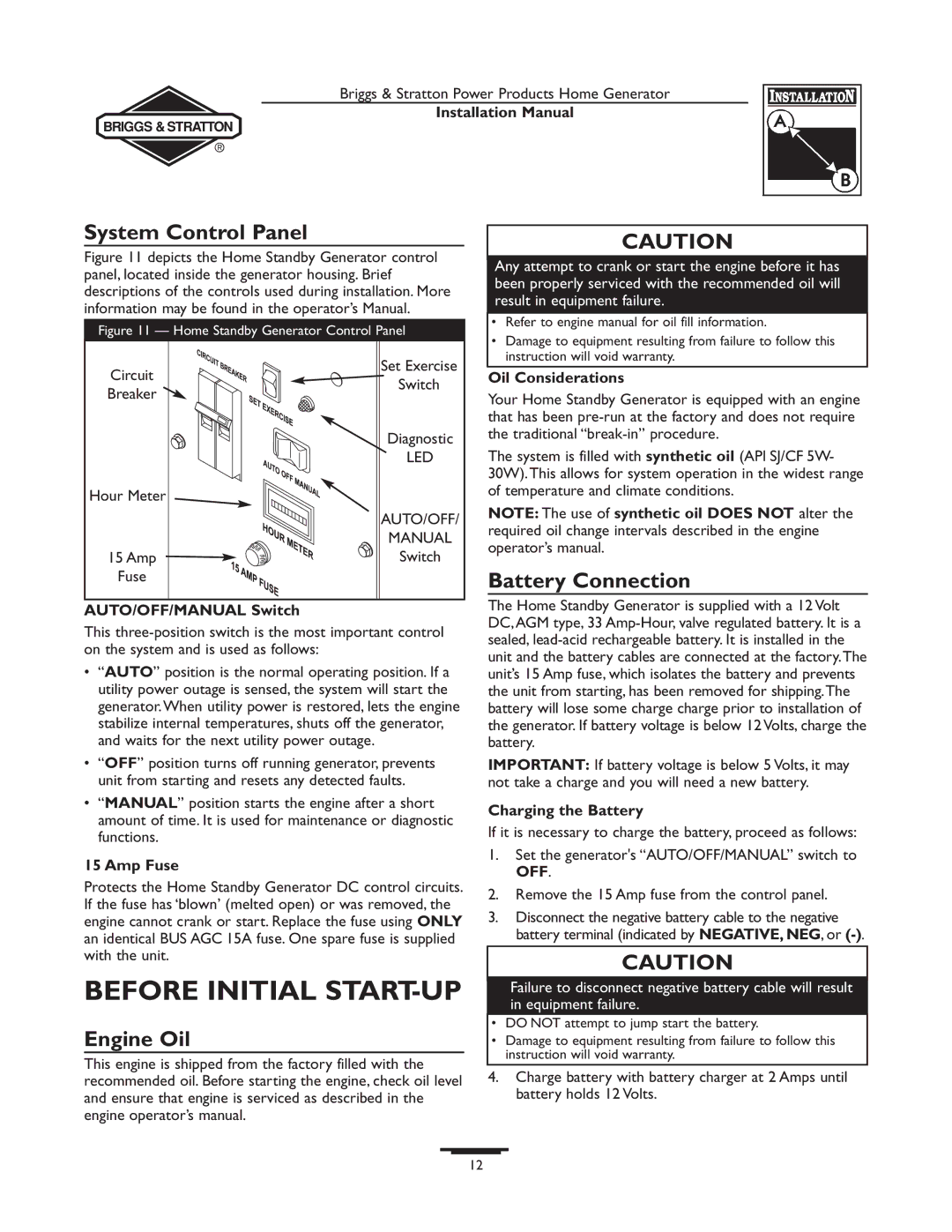 Briggs & Stratton 01938-0, 01815-0 manual Before Initial START-UP, System Control Panel, Engine Oil, Battery Connection 