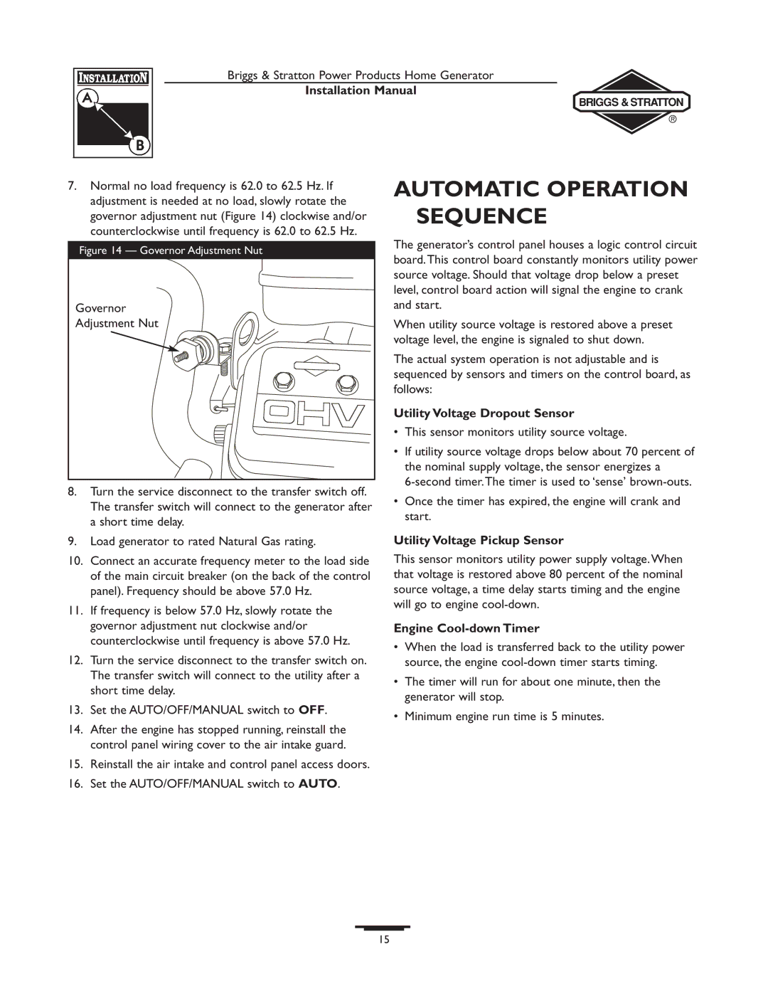 Briggs & Stratton 01815-0 Automatic Operation Sequence, Utility Voltage Dropout Sensor, Utility Voltage Pickup Sensor 