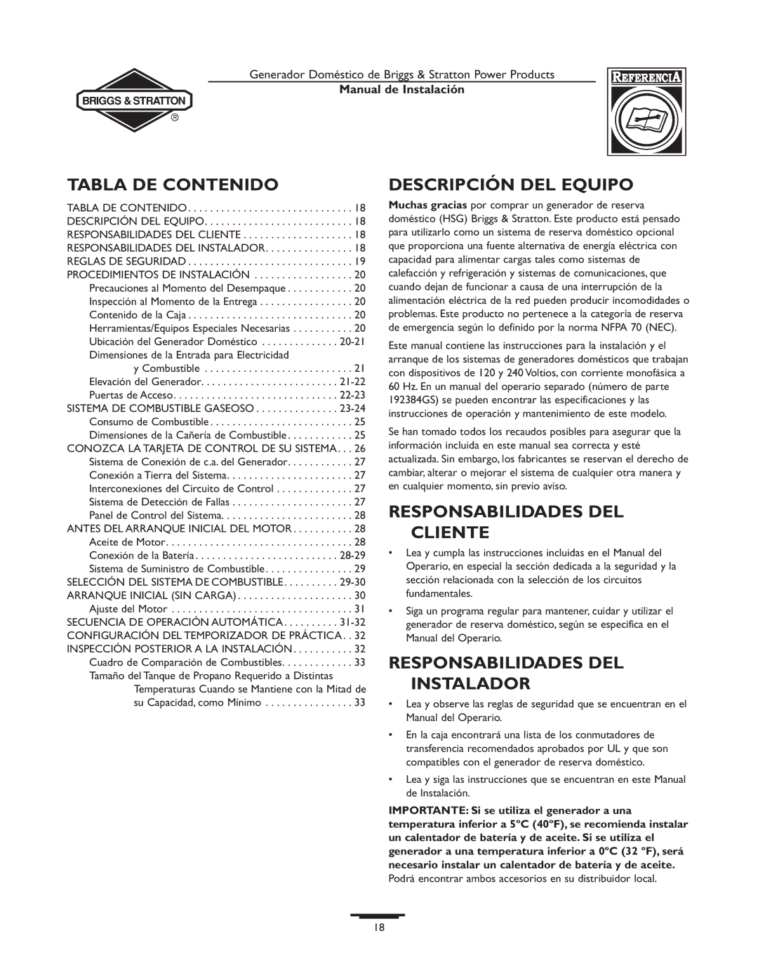 Briggs & Stratton 01938-0 Tabla DE Contenido, Descripción DEL Equipo, Responsabilidades DEL Cliente, Manual de Instalación 